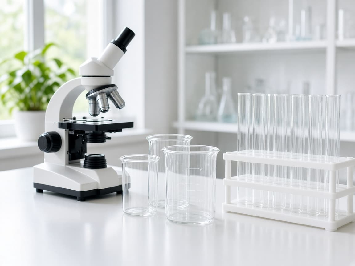 Mikroskop dan peralatan gelas di meja laboratorium