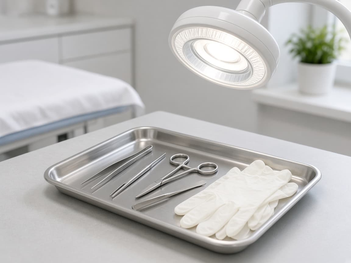 Lampu pemeriksaan dan nampan instrumen
